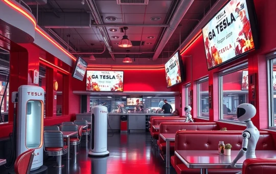 Tesla Diner interior showing charging stations and Optimus robots, illustrating Tesla's innovative brand strategy pivot.