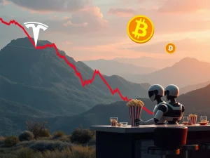 A financial chart showing a sharp decline, representing Tesla's Q2 earnings miss, with a blurred Optimus robot in the background serving food, hinting at the company's shift towards AI ambitions.