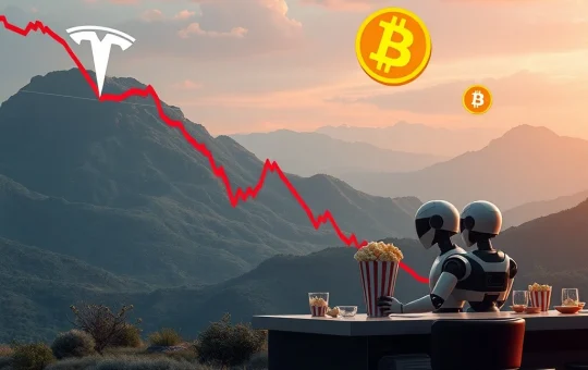 A financial chart showing a sharp decline, representing Tesla's Q2 earnings miss, with a blurred Optimus robot in the background serving food, hinting at the company's shift towards AI ambitions.