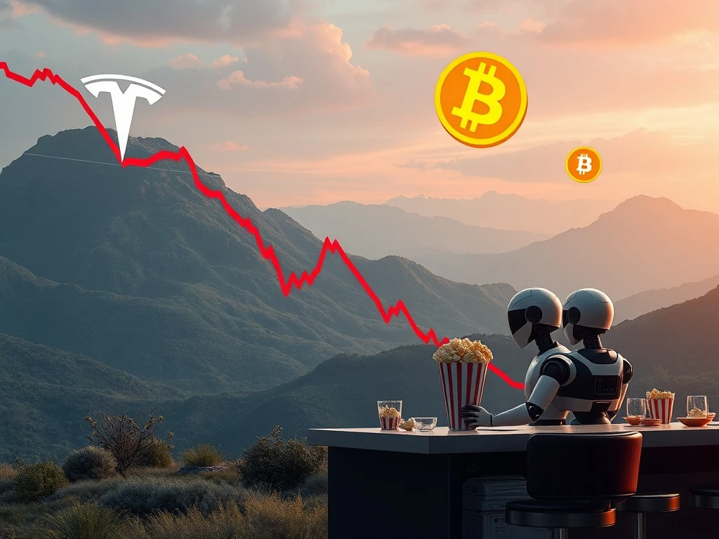 A financial chart showing a sharp decline, representing Tesla's Q2 earnings miss, with a blurred Optimus robot in the background serving food, hinting at the company's shift towards AI ambitions.