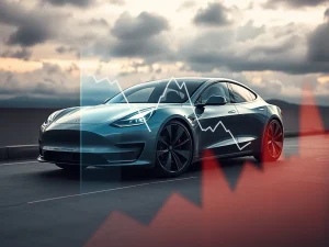 A visual representation of Tesla Q2 earnings decline, showing financial charts pointing downwards next to an electric vehicle, reflecting market pressures.