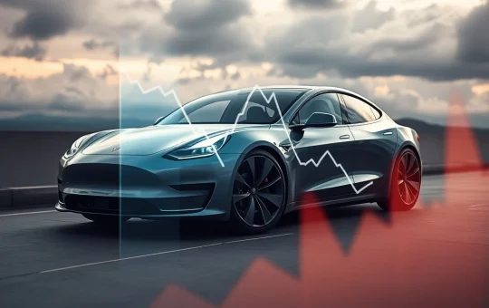 A visual representation of Tesla Q2 earnings decline, showing financial charts pointing downwards next to an electric vehicle, reflecting market pressures.