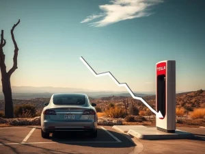 Graph showing a significant Tesla sales decline in California's EV market for Q2 2025, with an empty charging station in the background.