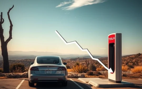 Graph showing a significant Tesla sales decline in California's EV market for Q2 2025, with an empty charging station in the background.