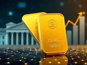 Tether Gold (XAUt) bar representing its explosive surge driven by central bank gold demand and ETF inflows.
