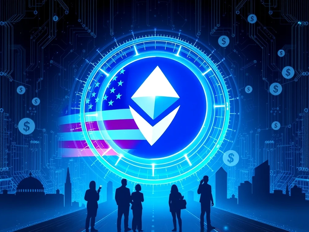 Tether U.S. market re-entry symbolized by a secure digital handshake between the Tether logo and American financial institutions, representing trust and innovation.