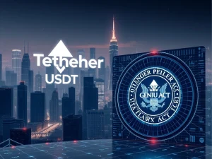 A visual representation of Tether USDT's projected growth and the impact of the new US Stablecoin Law, emphasizing its role in institutional payments.