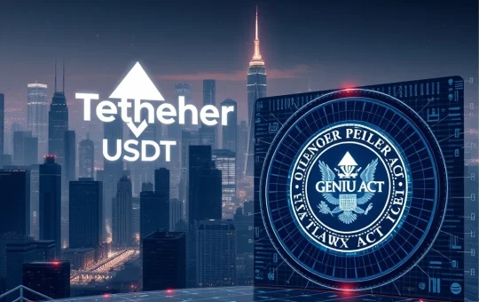 A visual representation of Tether USDT's projected growth and the impact of the new US Stablecoin Law, emphasizing its role in institutional payments.