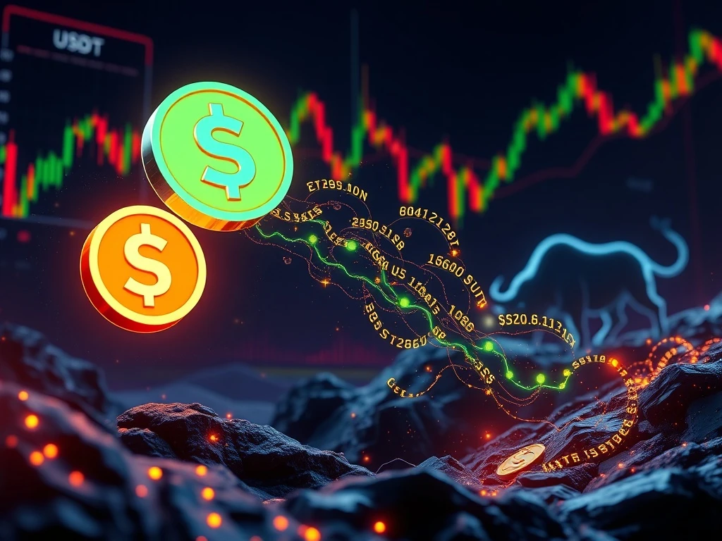 Tether USDT flowing into the Ethereum blockchain, symbolizing a massive stablecoin issuance and its potential impact on crypto market liquidity.