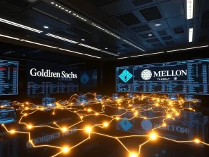 A digital representation of tokenized MMFs being traded on a blockchain platform, signifying the Goldman Sachs BNY Mellon collaboration.