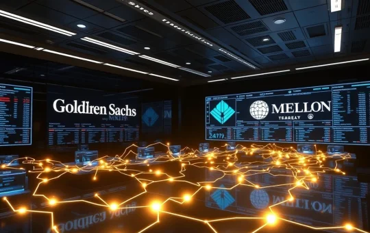 A digital representation of tokenized MMFs being traded on a blockchain platform, signifying the Goldman Sachs BNY Mellon collaboration.