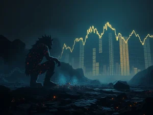 A fading digital beast symbolizes the abrupt shutdown of the blockchain game Tokyo Beast due to unsustainable costs.