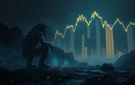 A fading digital beast symbolizes the abrupt shutdown of the blockchain game Tokyo Beast due to unsustainable costs.
