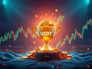 A digital trophy overflowing with USDT symbols, surrounded by dynamic Bitcoin and Ethereum trading charts, representing the Toobit Futures Tournament.