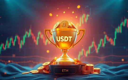 A digital trophy overflowing with USDT symbols, surrounded by dynamic Bitcoin and Ethereum trading charts, representing the Toobit Futures Tournament.