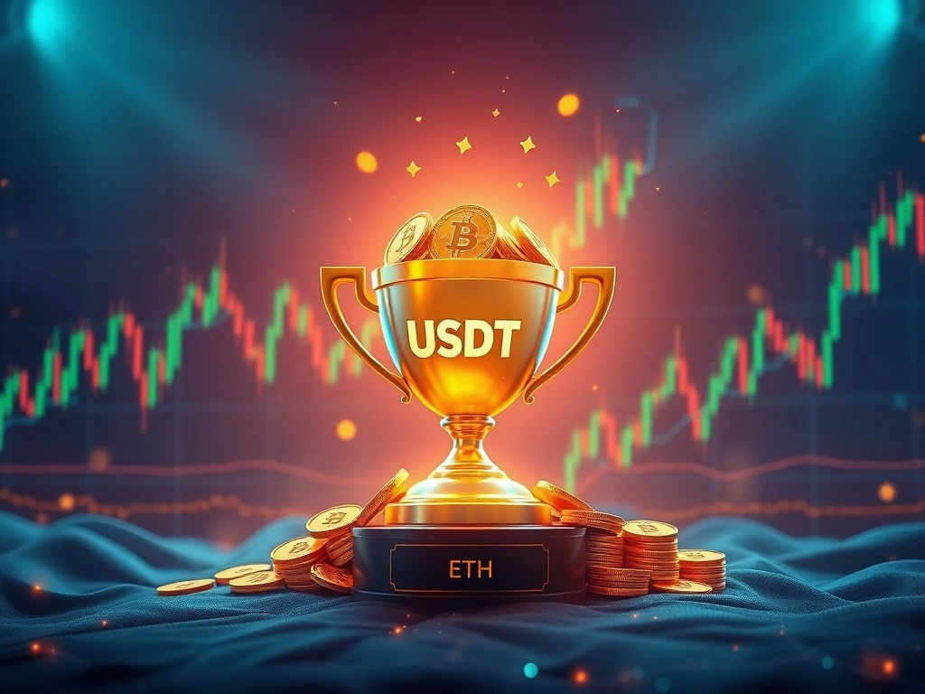 A digital trophy overflowing with USDT symbols, surrounded by dynamic Bitcoin and Ethereum trading charts, representing the Toobit Futures Tournament.