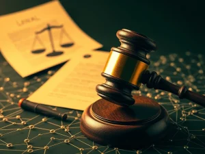 A gavel hitting a blockchain, symbolizing the intense Tornado Cash investigation and its impact on crypto compliance.