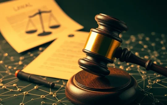 A gavel hitting a blockchain, symbolizing the intense Tornado Cash investigation and its impact on crypto compliance.