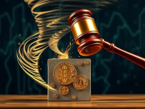 Roman Storm's legal defense fund for Tornado Cash, depicted by a digital gavel and blockchain elements, highlighting the crucial court battle.