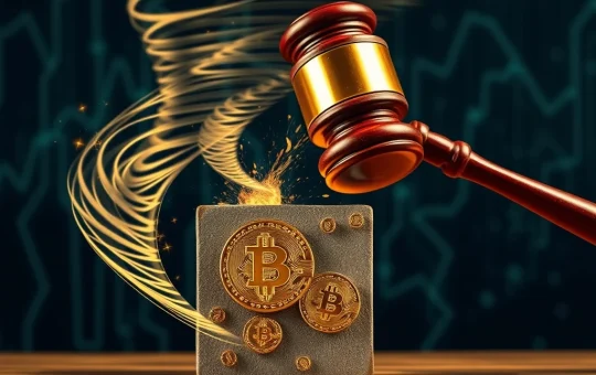 Roman Storm's legal defense fund for Tornado Cash, depicted by a digital gavel and blockchain elements, highlighting the crucial court battle.