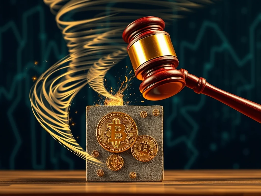 Roman Storm's legal defense fund for Tornado Cash, depicted by a digital gavel and blockchain elements, highlighting the crucial court battle.