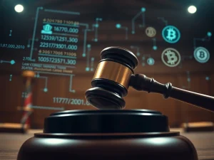 A gavel striking a block with blockchain imagery, symbolizing the pivotal Tornado Cash Trial and the IRS Crypto Allegations against Roman Storm.