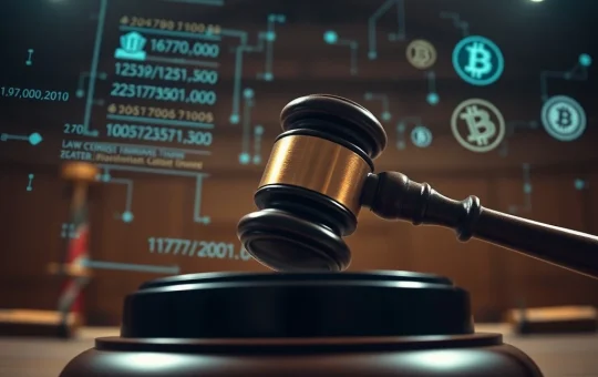 A gavel striking a block with blockchain imagery, symbolizing the pivotal Tornado Cash Trial and the IRS Crypto Allegations against Roman Storm.