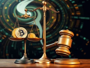 Scales of justice balancing crypto symbols and a gavel, symbolizing the pivotal Tornado Cash trial and its impact on DeFi.