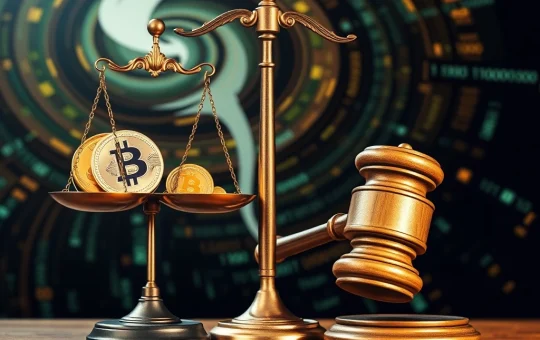 Scales of justice balancing crypto symbols and a gavel, symbolizing the pivotal Tornado Cash trial and its impact on DeFi.