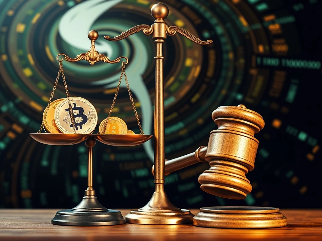 Scales of justice balancing crypto symbols and a gavel, symbolizing the pivotal Tornado Cash trial and its impact on DeFi.