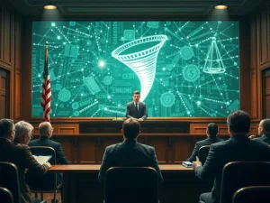 Tornado Cash trial courtroom scene with blockchain visualization