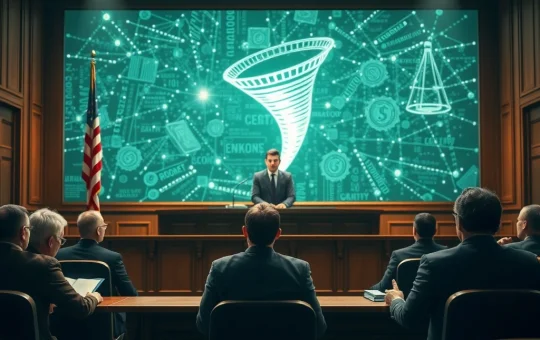 Tornado Cash trial courtroom scene with blockchain visualization