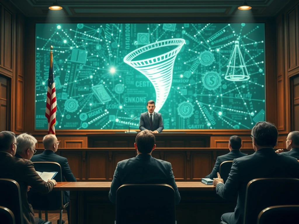 Tornado Cash trial courtroom scene with blockchain visualization