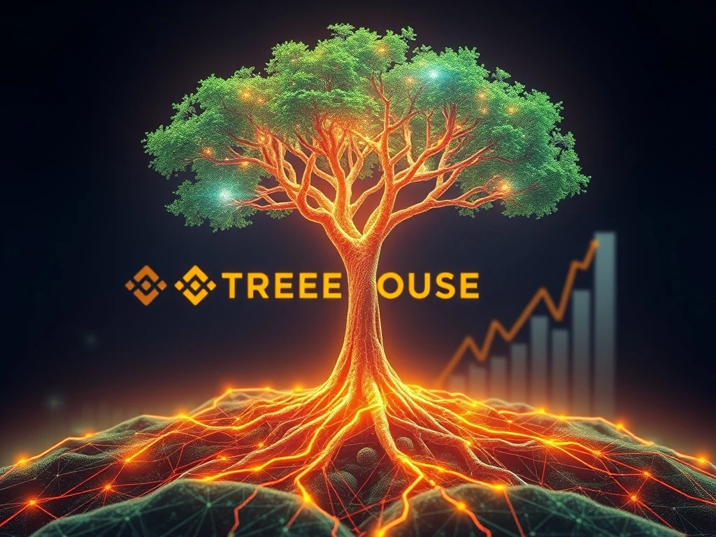 A digital tree symbolizing the Treehouse crypto project growing from a blockchain network, highlighting early-stage crypto investment opportunities on Binance Alpha.