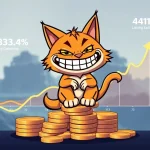 A playful Troller Cat mascot celebrating impressive crypto presale ROI and projected listing gains on a financial chart.
