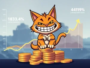 A playful Troller Cat mascot celebrating impressive crypto presale ROI and projected listing gains on a financial chart.
