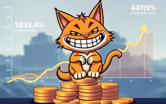 A playful Troller Cat mascot celebrating impressive crypto presale ROI and projected listing gains on a financial chart.