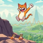A cartoon cat representing Troller Cat soaring high, symbolizing its impressive gains in the cryptocurrency market, contrasting with smaller, descending figures of Bonk and Brett.