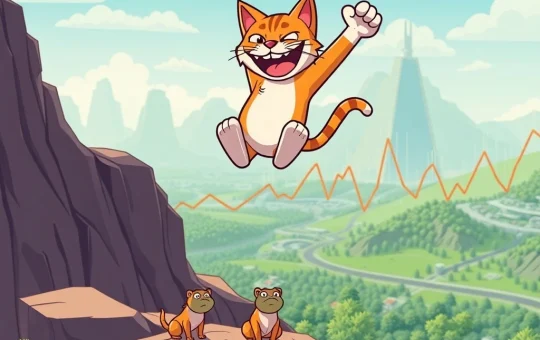 A cartoon cat representing Troller Cat soaring high, symbolizing its impressive gains in the cryptocurrency market, contrasting with smaller, descending figures of Bonk and Brett.