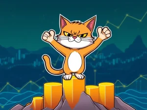 Troller Cat, a mischievous cartoon feline, celebrating its phenomenal presale ROI on a rising crypto chart, outshining other meme coins.
