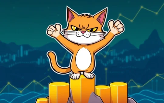 Troller Cat, a mischievous cartoon feline, celebrating its phenomenal presale ROI on a rising crypto chart, outshining other meme coins.