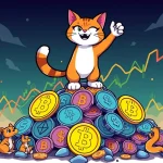 Troller Cat meme coin soaring past other crypto icons, symbolizing its phenomenal market surge.