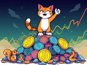 Troller Cat meme coin soaring past other crypto icons, symbolizing its phenomenal market surge.
