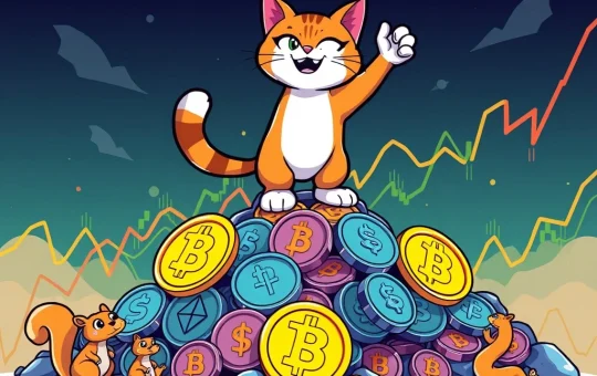 Troller Cat triumphantly leading a meme coin surge, symbolizing its incredible ROI against other crypto projects.