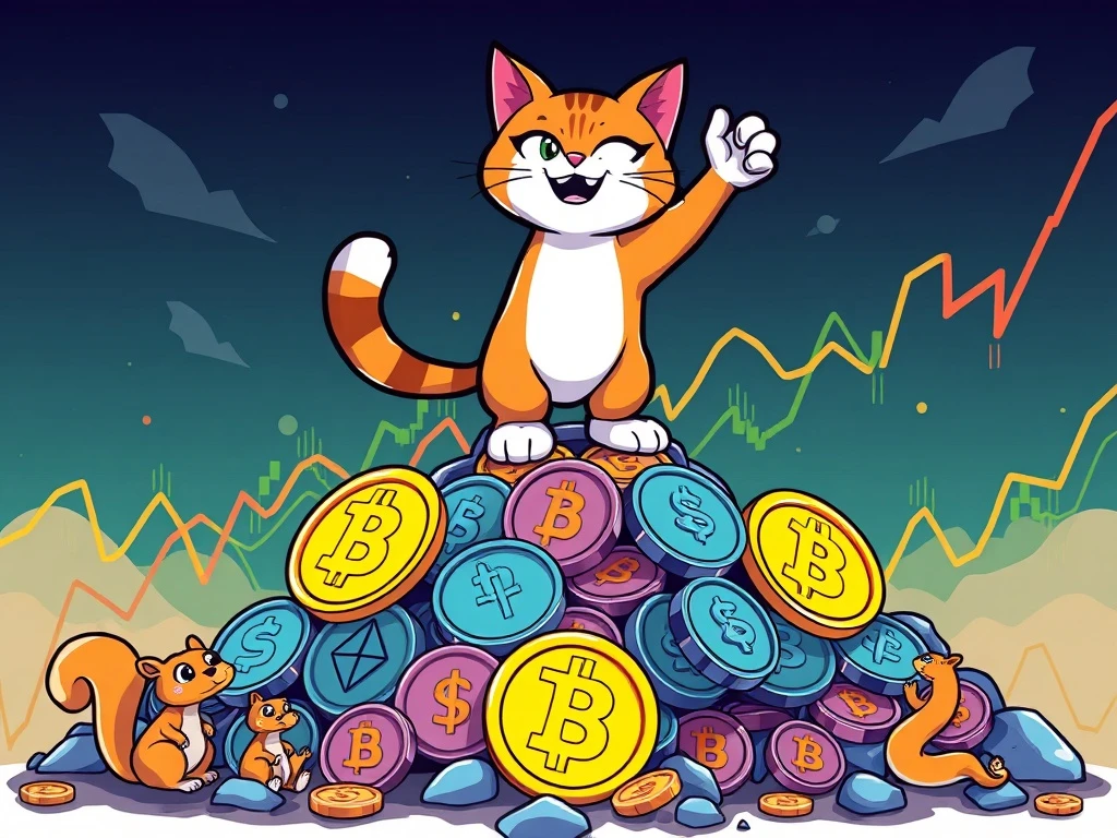 Troller Cat meme coin soaring past other crypto icons, symbolizing its phenomenal market surge.
