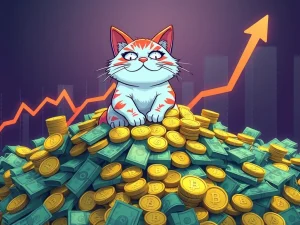 An animated Troller Cat character confidently stands amidst rising crypto charts and a pile of money, symbolizing the Troller Cat presale success and incredible ROI for early investors.