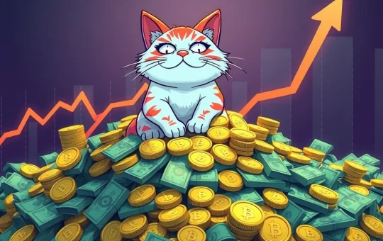 An animated Troller Cat character confidently stands amidst rising crypto charts and a pile of money, symbolizing the Troller Cat presale success and incredible ROI for early investors.