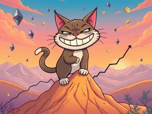 A vibrant illustration depicting a Troller Cat meme character amidst a surge of crypto charts, symbolizing the Troller Cat presale's impressive growth and Ethereum token success.