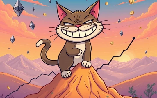 A vibrant illustration depicting a Troller Cat meme character amidst a surge of crypto charts, symbolizing the Troller Cat presale's impressive growth and Ethereum token success.