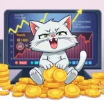 Troller Cat character symbolizing the explosive growth of a deflationary meme coin within a crypto gaming ecosystem.